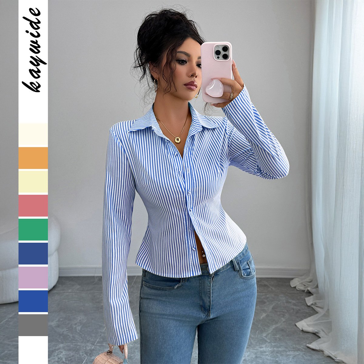 Winter Clothing Dress Up - Günlük Basit Çizgili Uzun kollu Düğmeli
